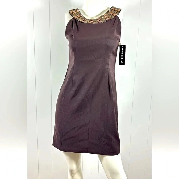 NWT Connected Apparel Brown Beaded Collar stretch Sleeveless Dress sz 8P - Picture 2 of 9